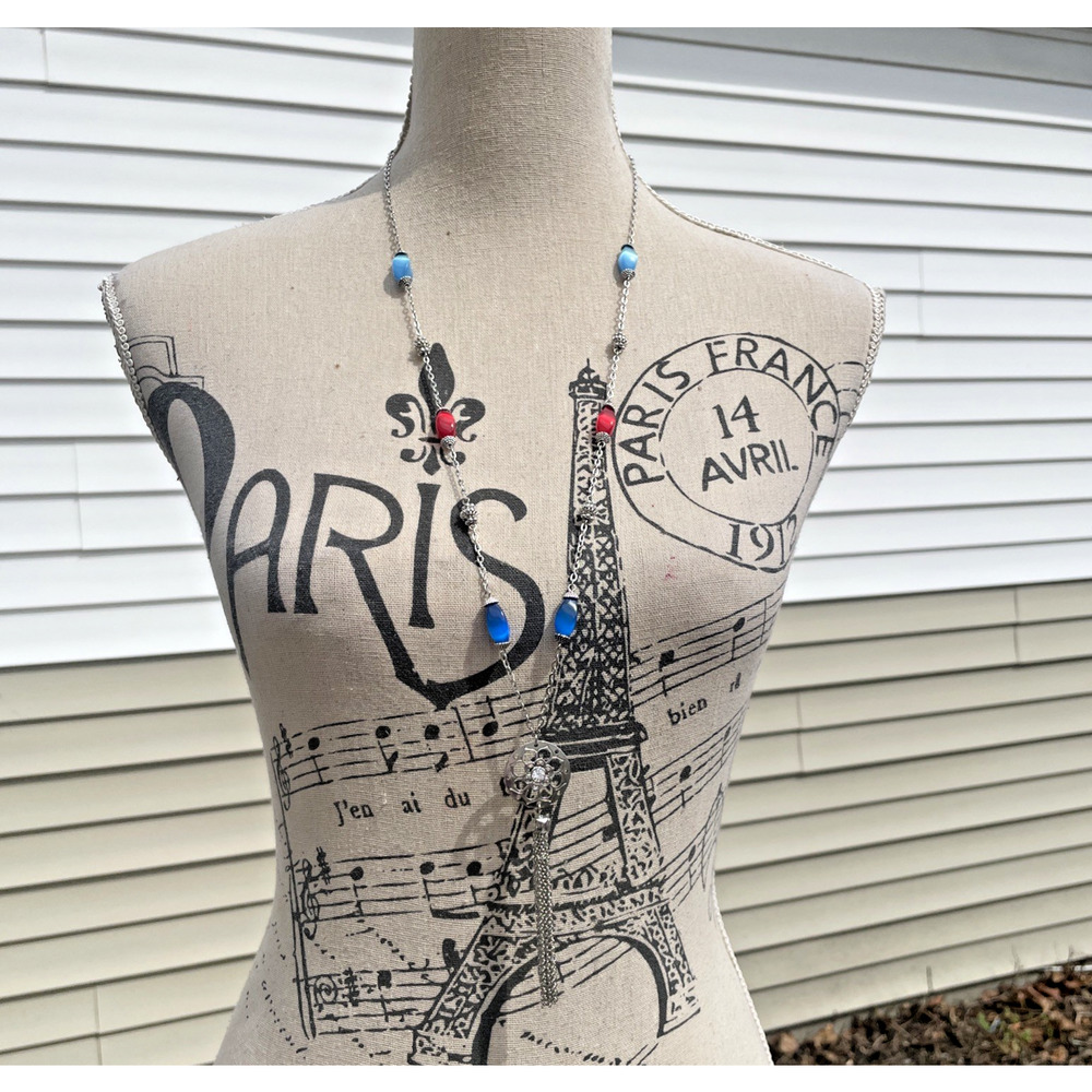 Silver Tone Tassel Necklace Blue Red Beaded Long Boho Jewelry 40"